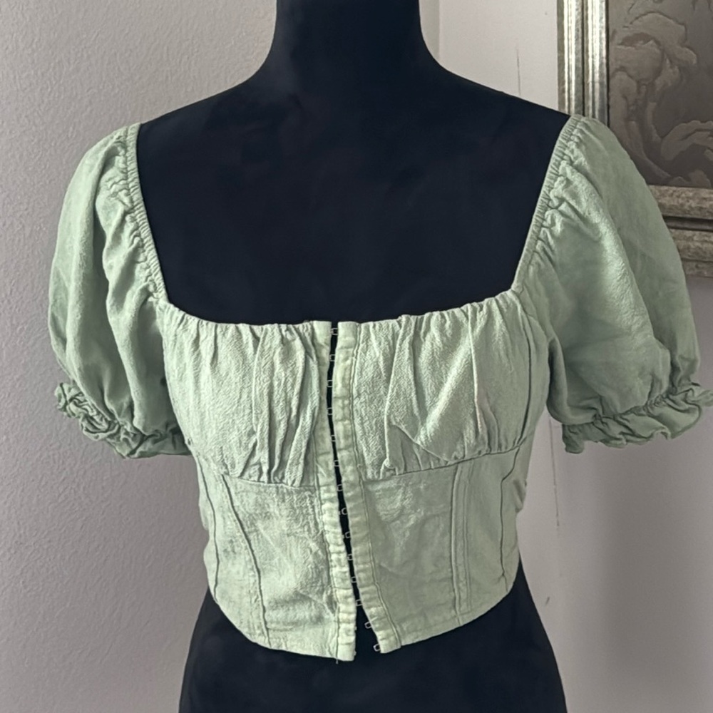 HYFVE light green puff sleeves cropped peasant Boho cotton top Sz S